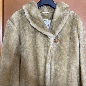 Vintage HELENA VERA Coat Faux Fur V-Neck Pockets European Women M 38 Brown Beige